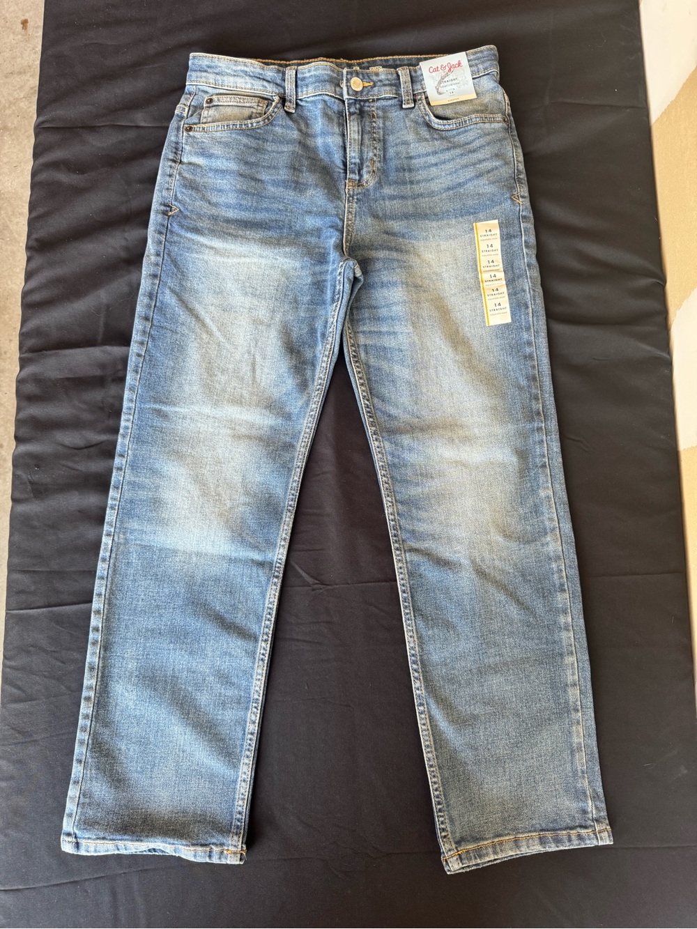 Cat & Jack Boys Size 14 Straight Leg Stretch Jeans Adjustable Waist Blue NWT